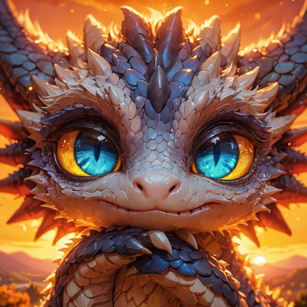 Anime Dragon with Multicolored Eyes at Sunset