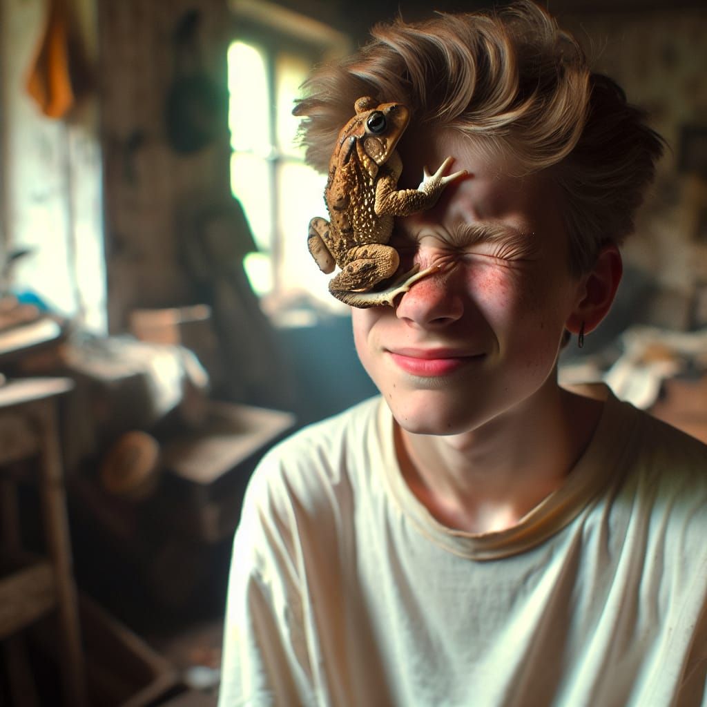 Young Boy Embarrassed by Playful Toad on His Head in Cozy ye...