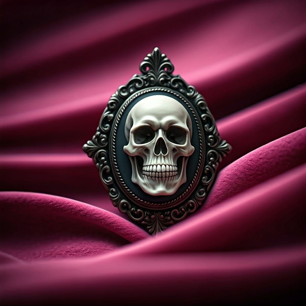 Ornate Skull Cameo Pendant on Pink Velvet