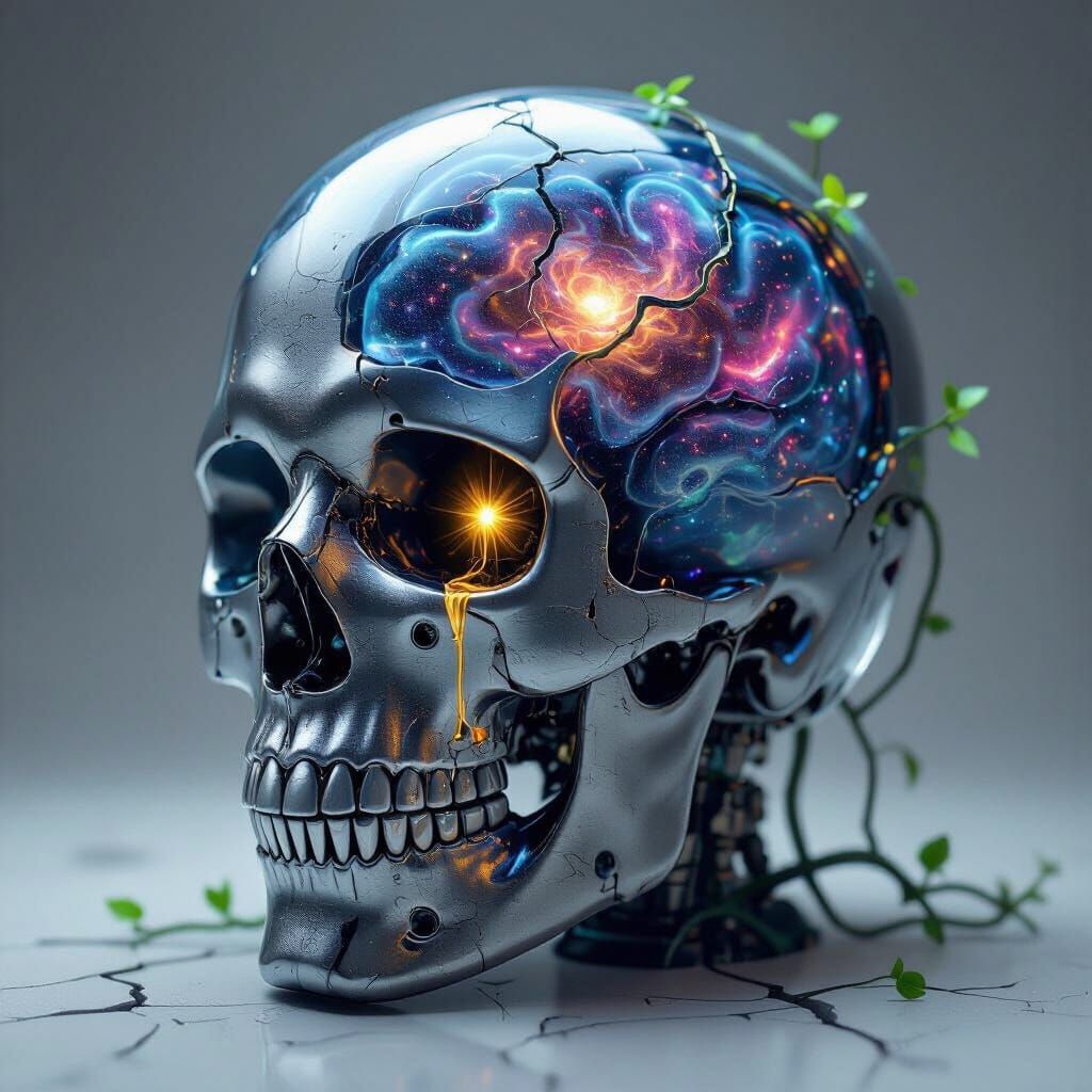 Transparent Robot Skull With Galactic Brain