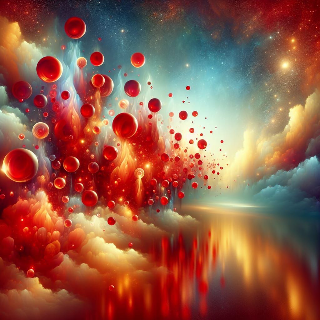 Radiant Blood Droplets Soaring Through Ethereal Cloudscape