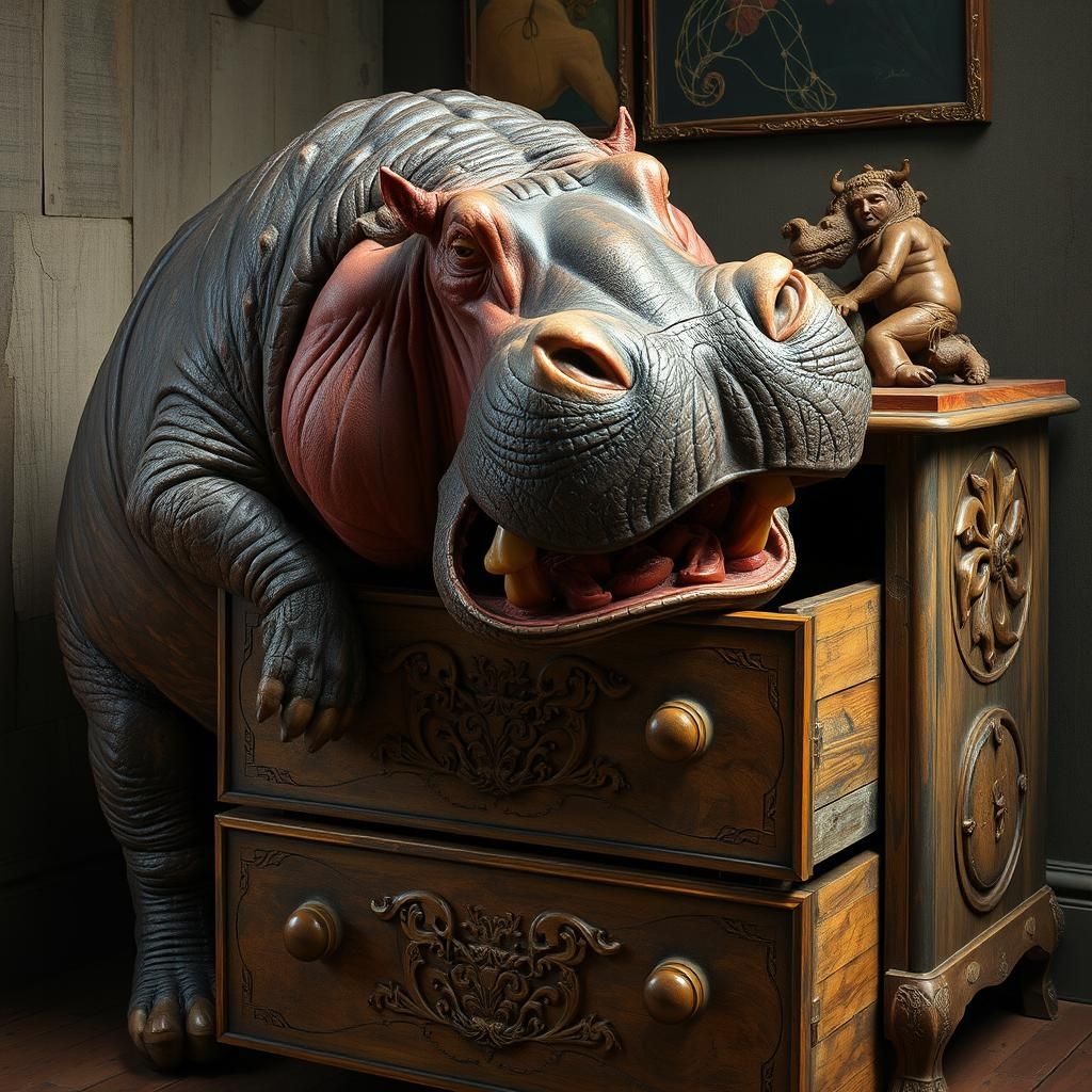 Hippo's Cubist Feast: Wood Carving Art