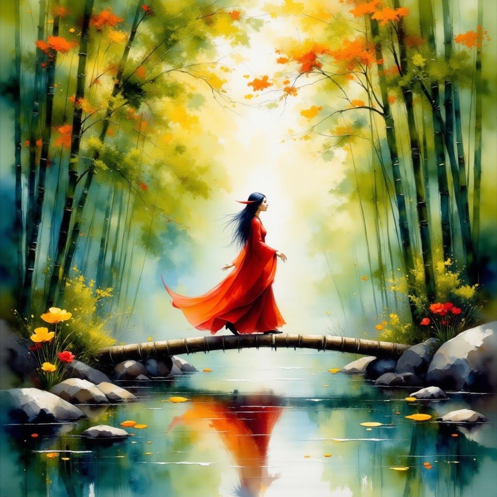 A beautiful elf woman dressed in red