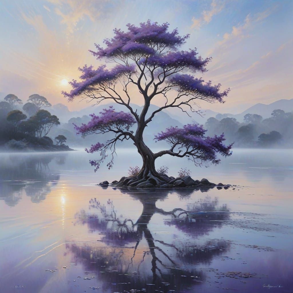 Watercolor Jacaranda Tree in Serene Landscape