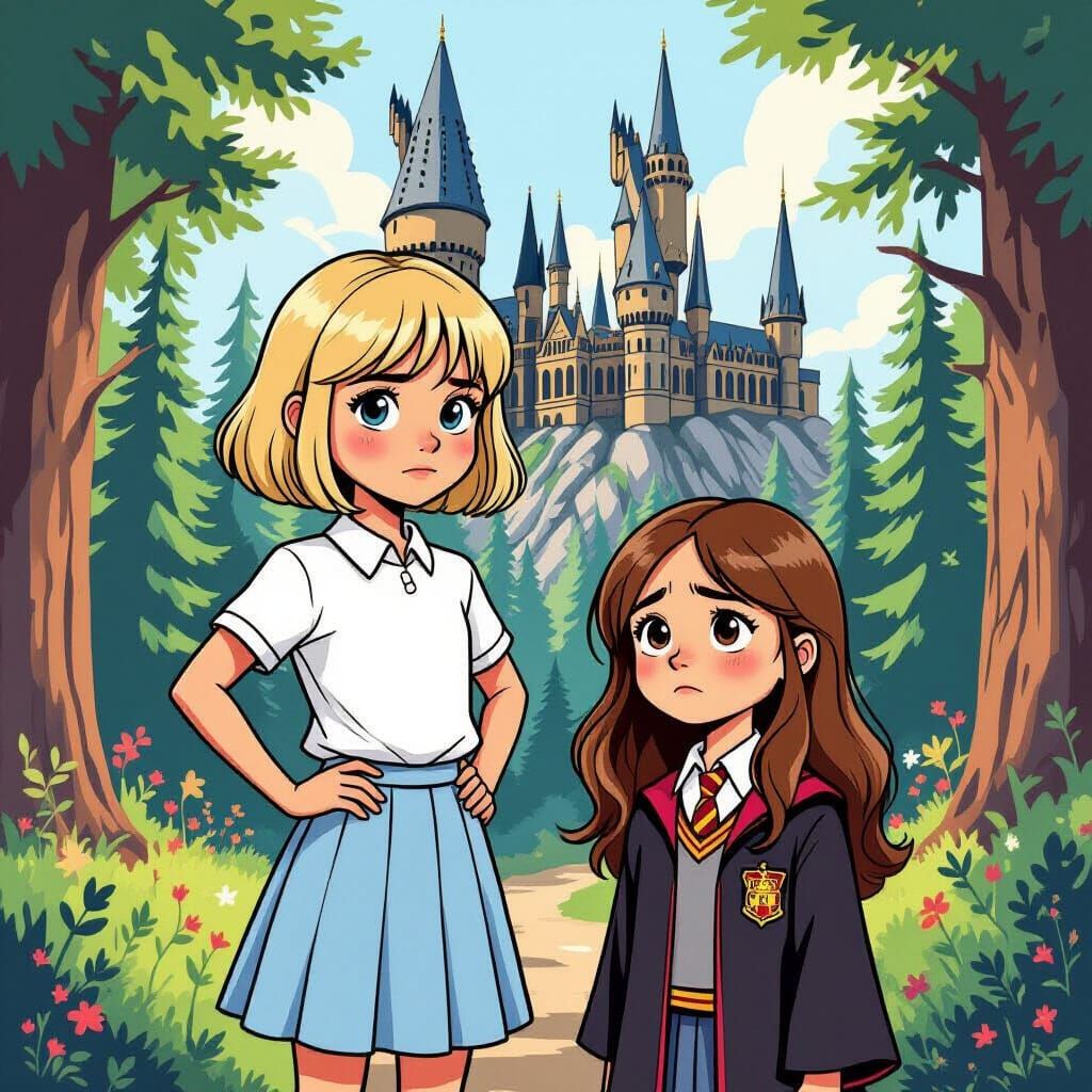 Girls in Whimsical Forest Storybook Illustration