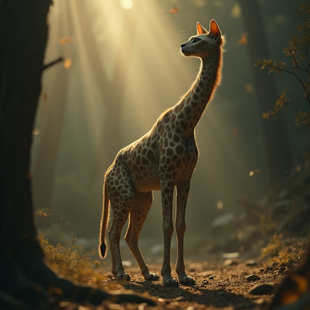 Surreal Majesty: Cat-Giraffe Hybrid in Cinematic 35mm