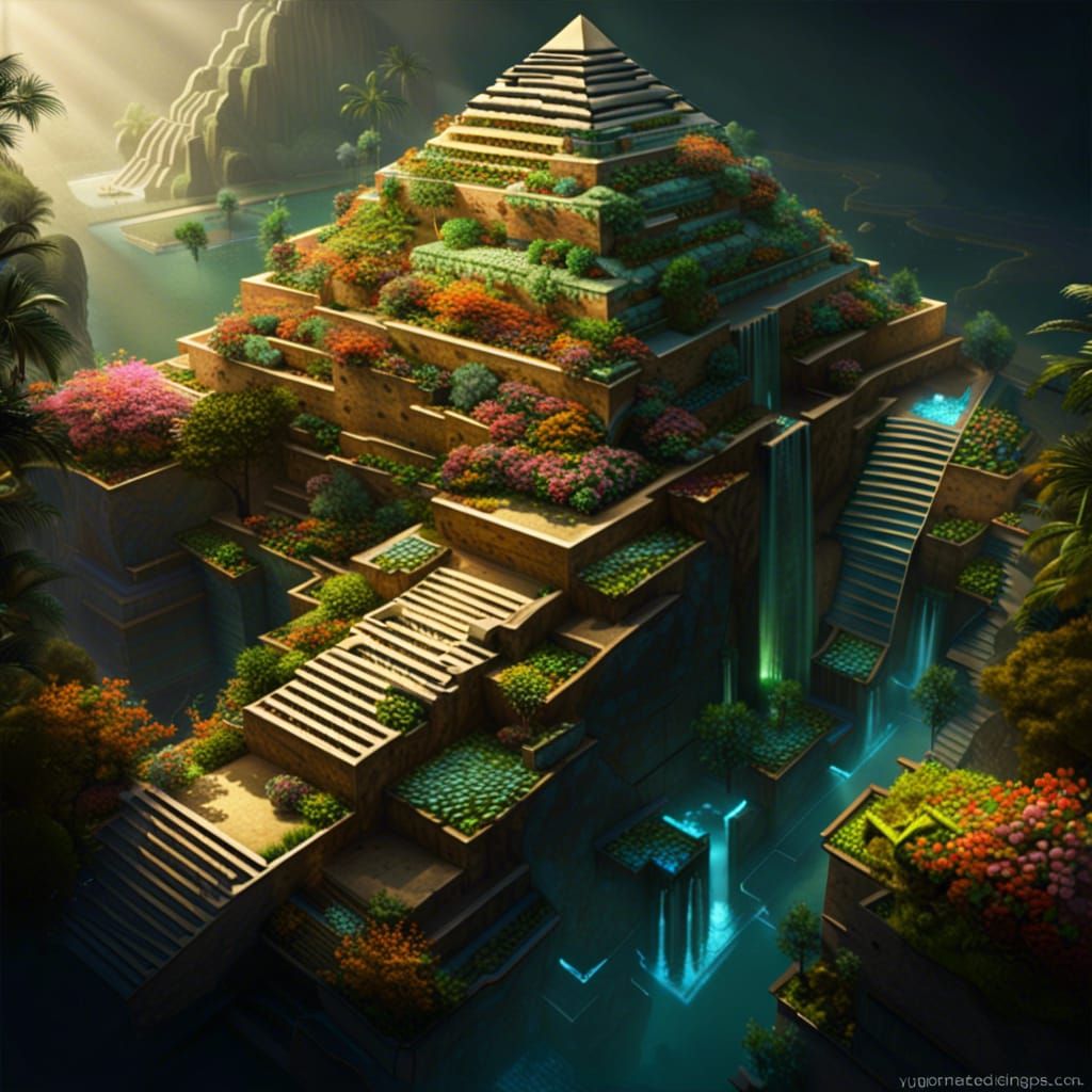 Lush Hanging Gardens Ziggurat with Koi