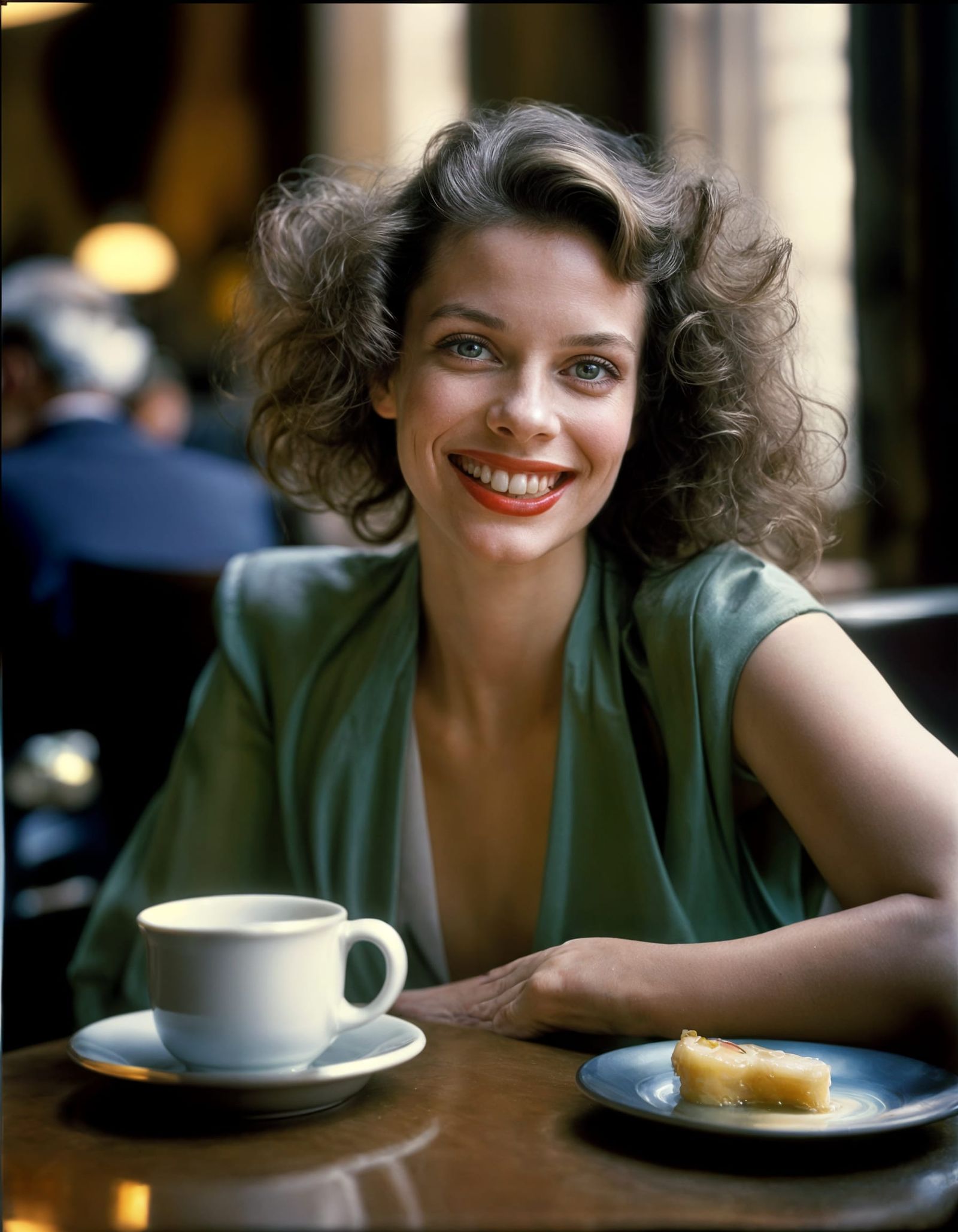 Happy Woman in Cafe: Photorealistic Couture Portrait