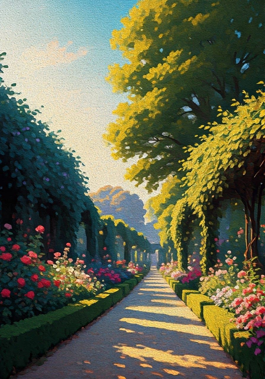 Pointillist Sunset in French Garden, Klimt Style