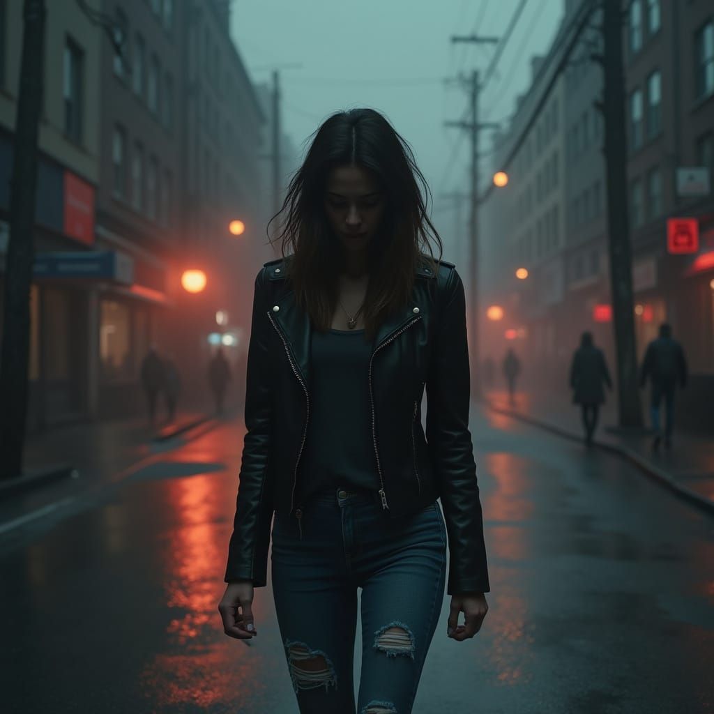 Melancholic Woman Walks City Street in Cinematic Style