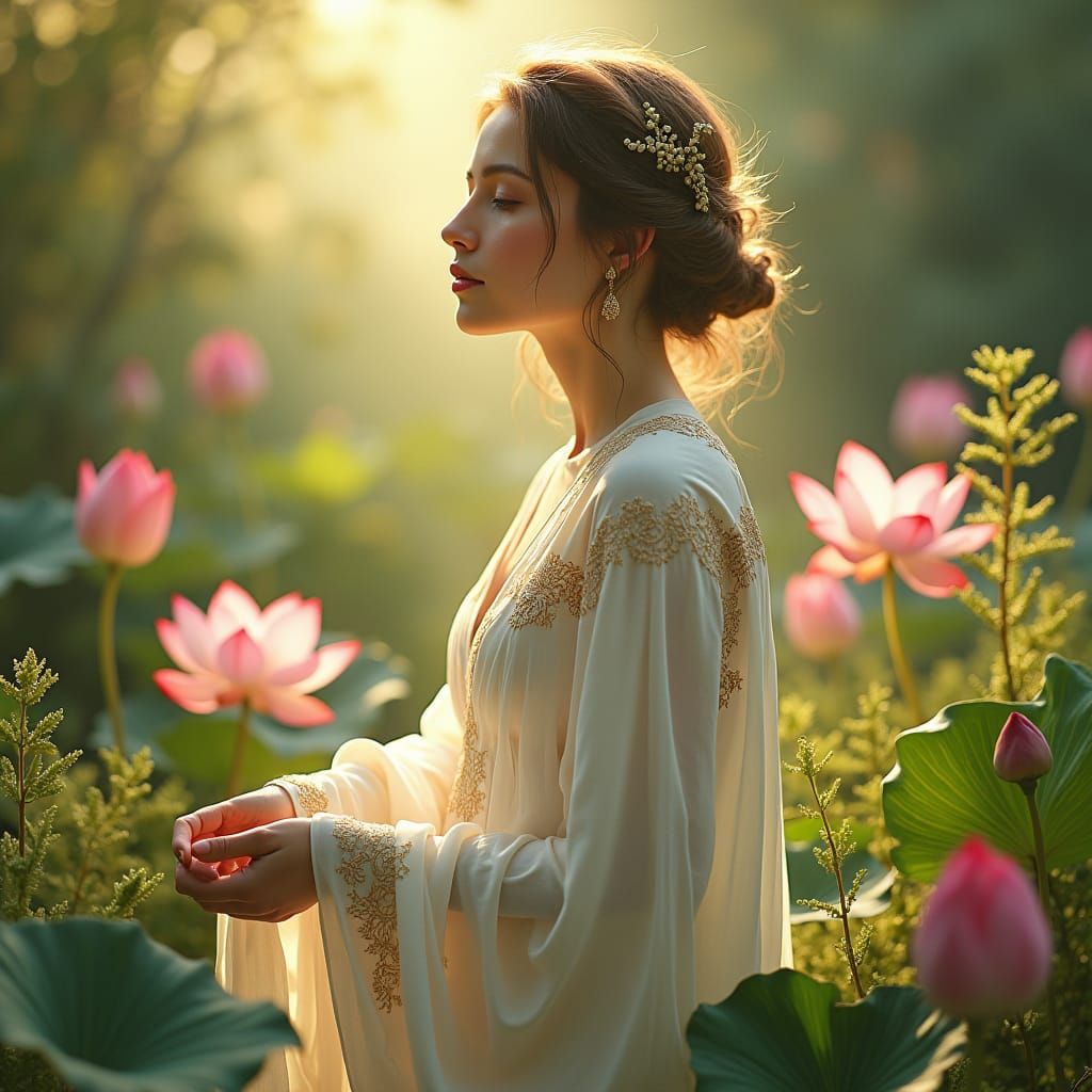 Goddess in Lotus Garden with Ethereal Light