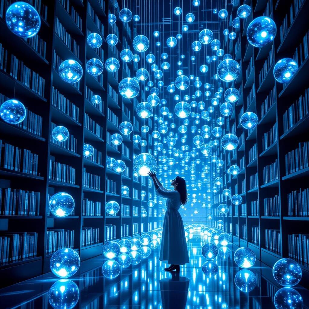 Memory Librarian Organizes Glowing Spheres in Vast Library