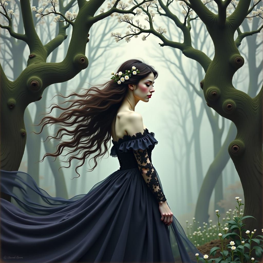 Ethereal Woman in Dreamlike Forest: Gothic Romanticism