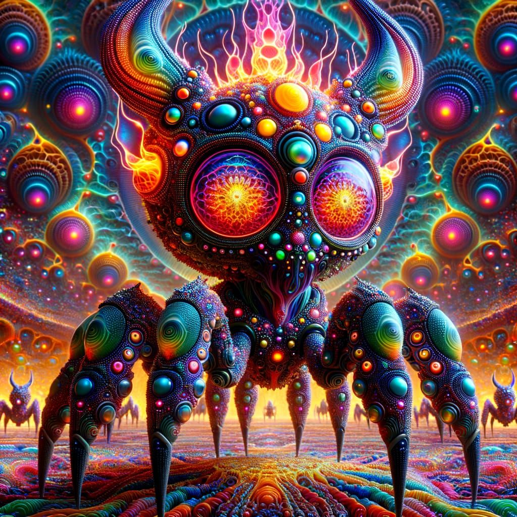 Cybernetic Alien Creature in Psychedelic Landscape