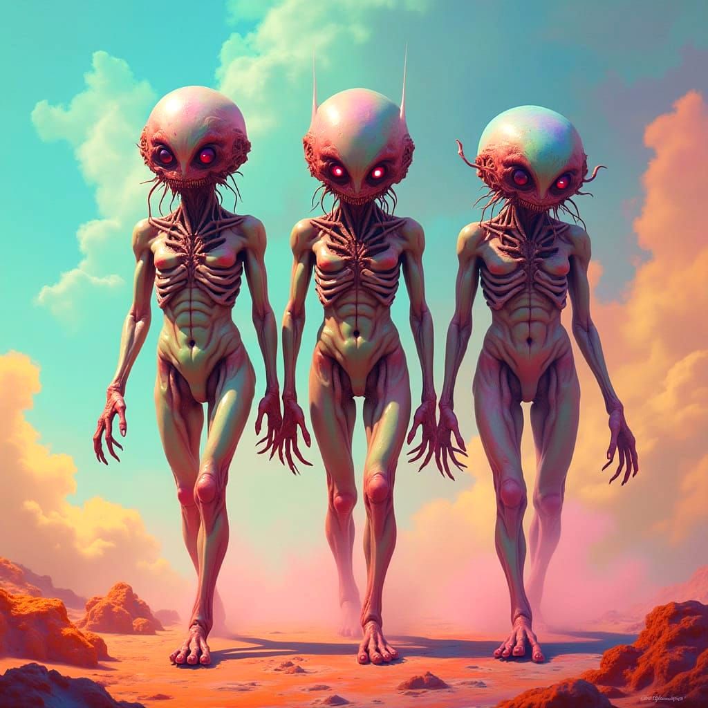 Vibrant Mutant Humanoids Roam a Rainbow Desert