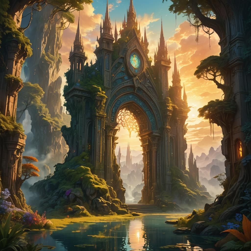 Mystical Portal in Fantastical Landscape: Fantasy Concept Ar...