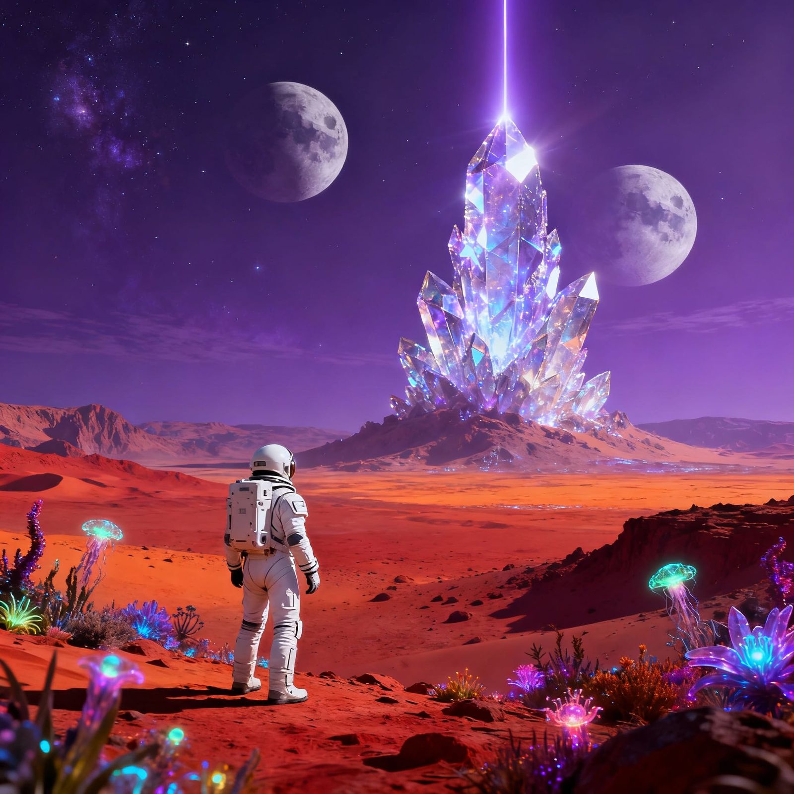 Astronaut Gazes at Colossal Crystal Structure on Alien Plane...