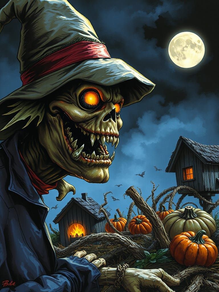 Evil Scarecrow Grinning Over Haunted Harvest Night