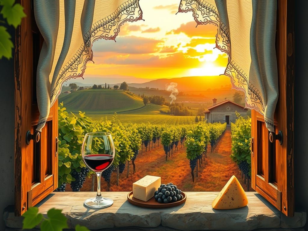 Spanish Vineyard Sunset with Wine and Cheese, in Impasto Sty...