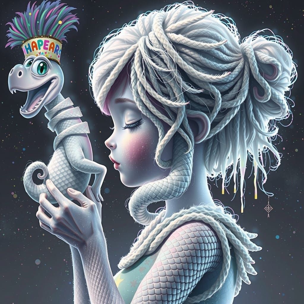 Dramatic Snake Enthralls Serene Girl in New Year's Finery