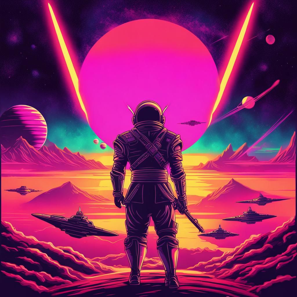 Space Samurai Watching Planetary Sunrise in Synthwave Style