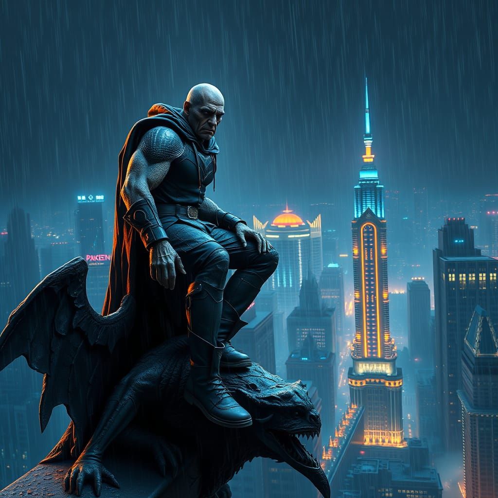 Aging Superhero Defiant on Gargoyle Over Neon City