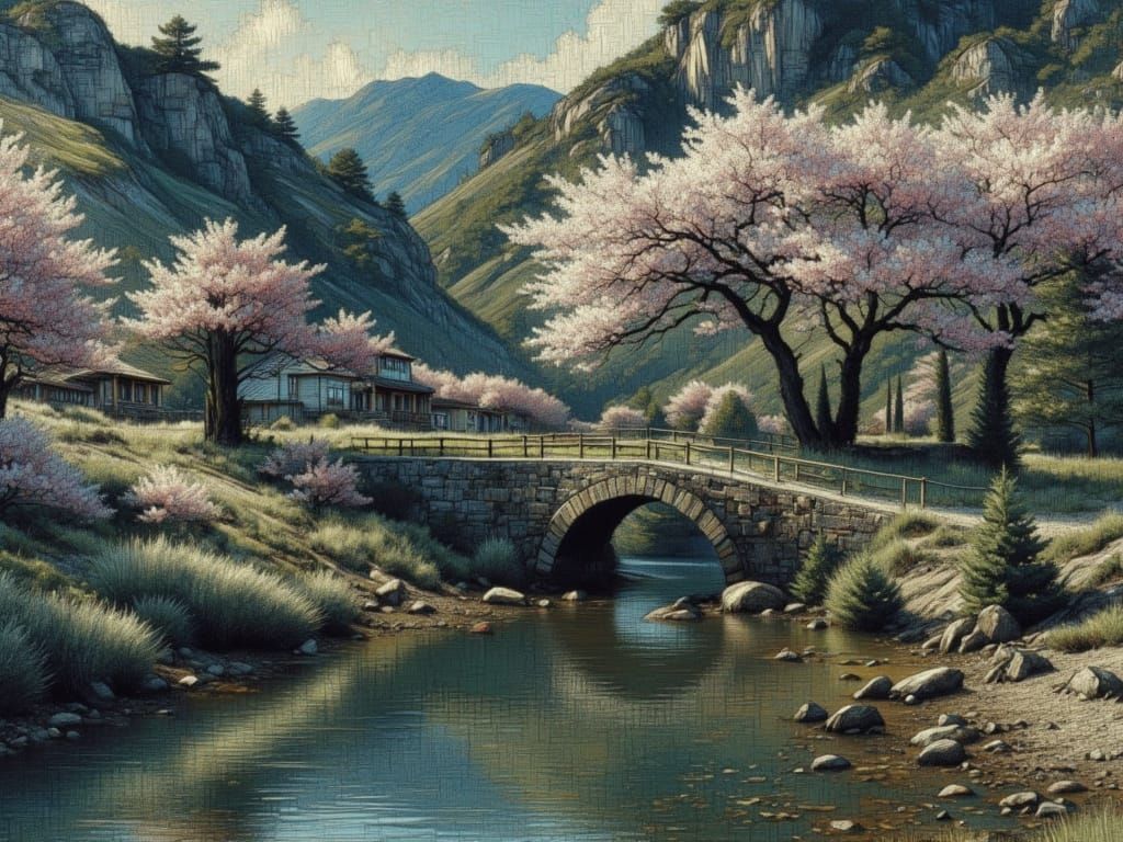 Sakura Blooms on Hillside Bridge