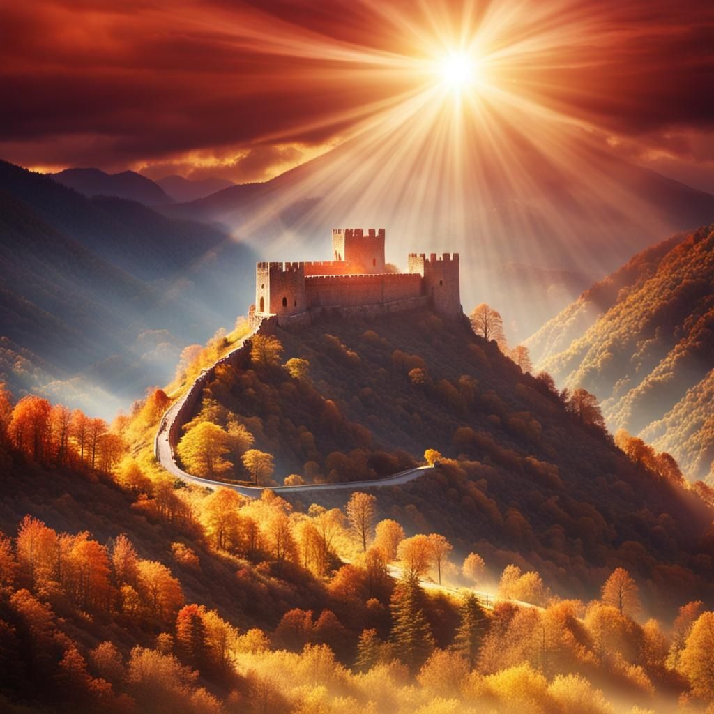 Red Stone Fortress Bathed in Divine Light