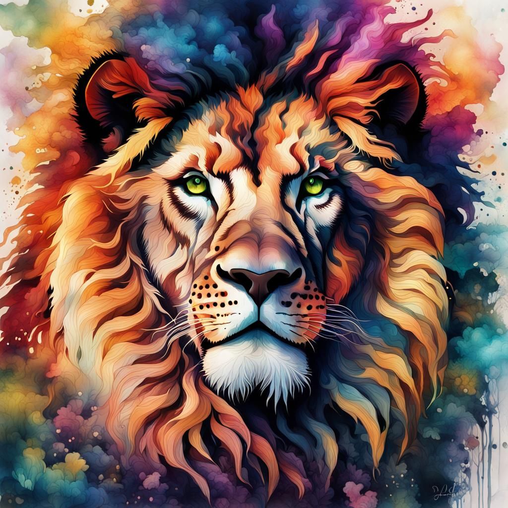 Lion in Alcohol Ink Double Exposure Foliage