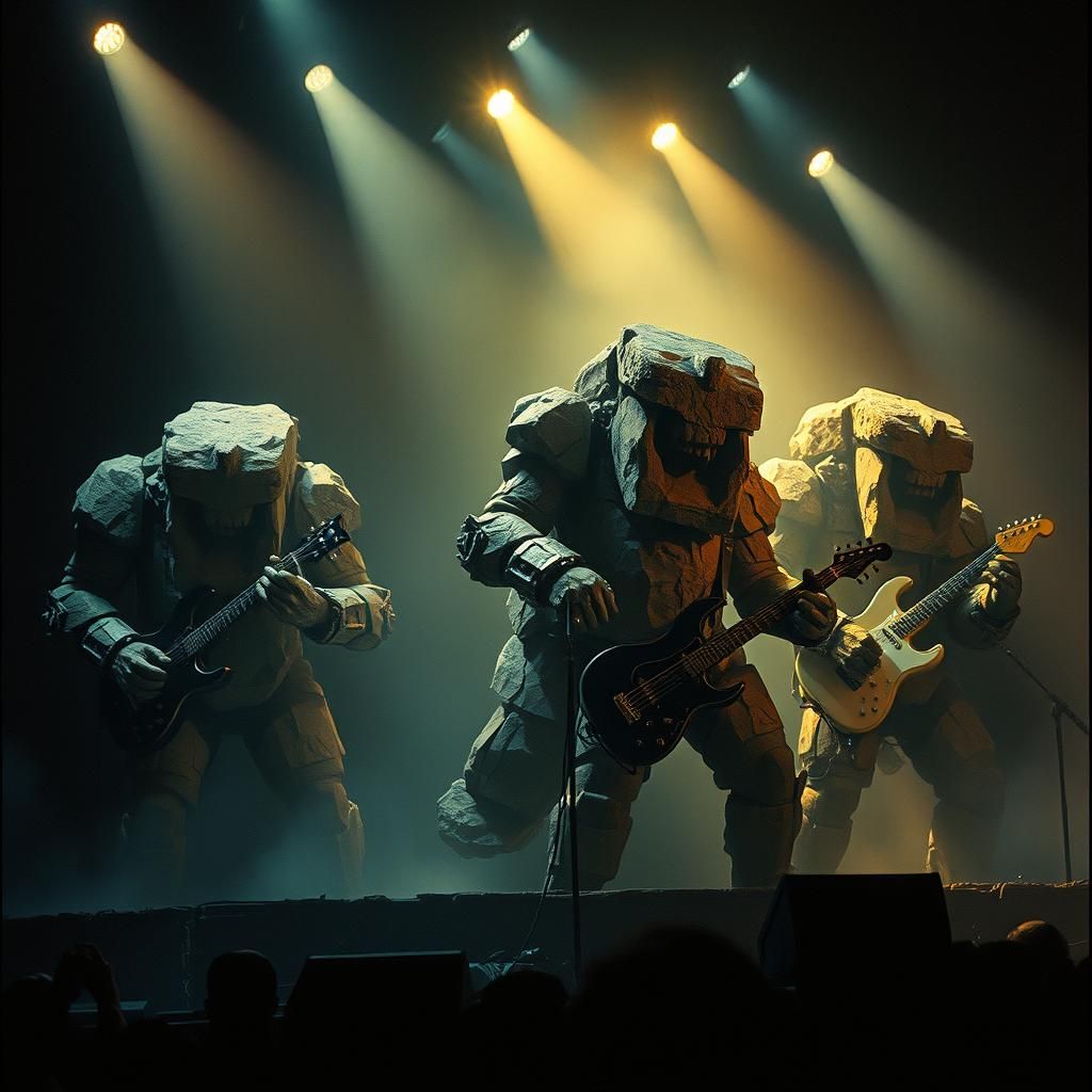 Rock Golem Band on Misty Stage in Cinematic Style