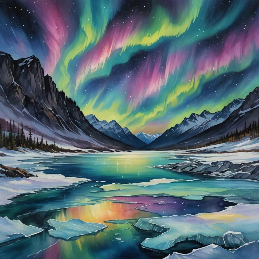 Aurora Borealis Over Frozen Lake: Dreamlike Polychromatic Ar...