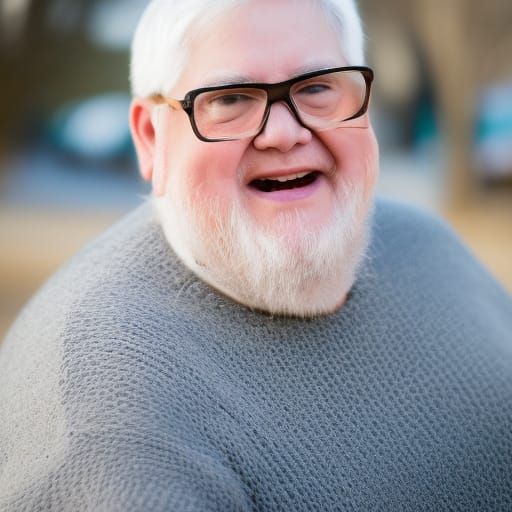 an very old fat guy in a grey sweater with white hair and glasses.