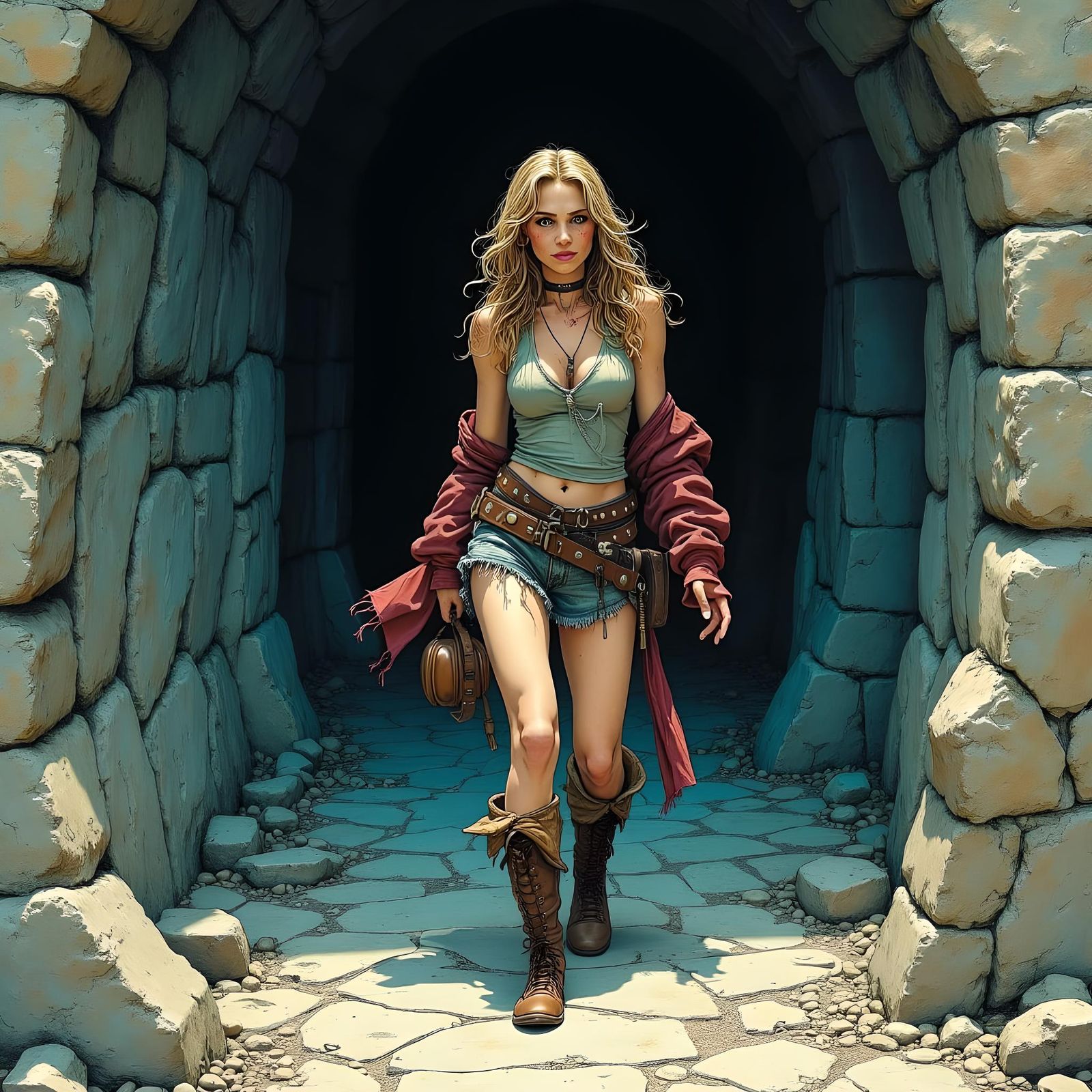 Exhausted Adventurer Emerges from Crypt in Comic Style