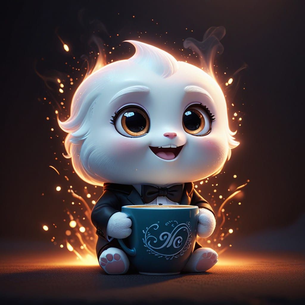 Chibi Marshmallow Baby Sips Coffee in Vibrant Pixar Style