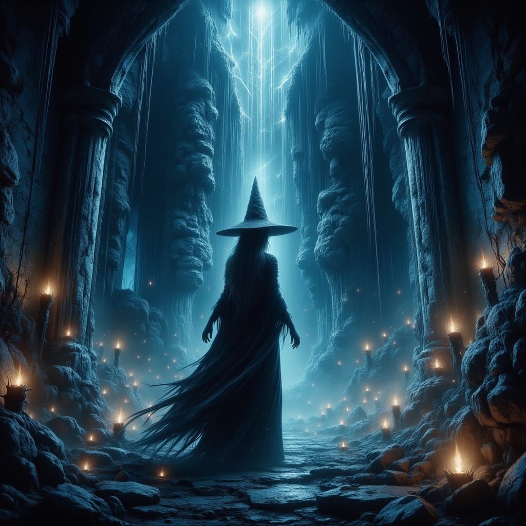 Witch Conjuring Arcane Energy in Overgrown Ruin