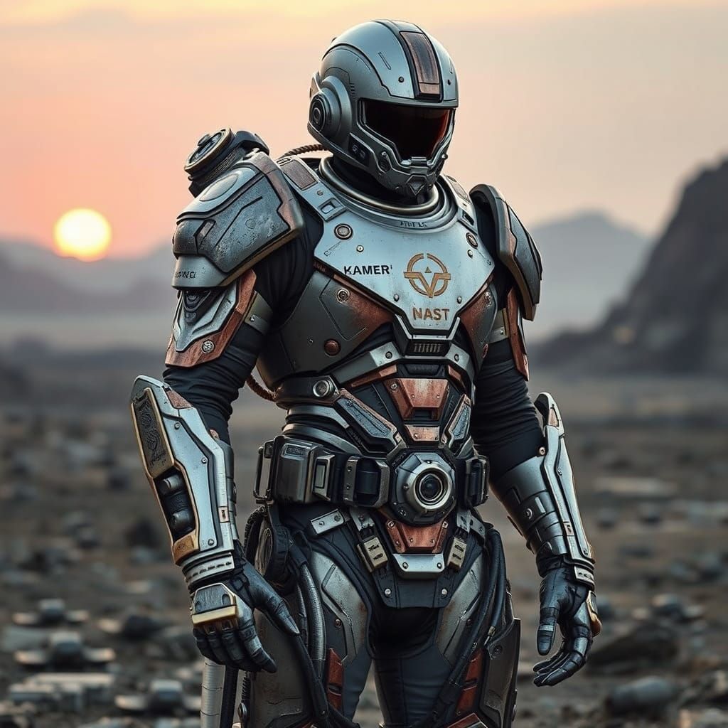 Realistic Sci-Fi Hero in Desolate Binary Sunset Landscape