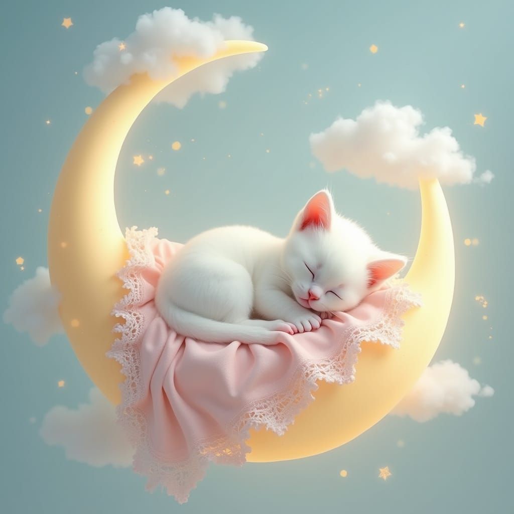 Serene White Kitten on a Glowing Crescent Moon