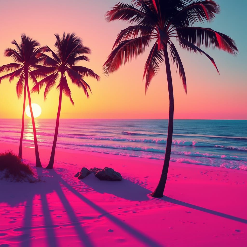 Golden California Beachscape in Vibrant Retro-Futuristic Sty...