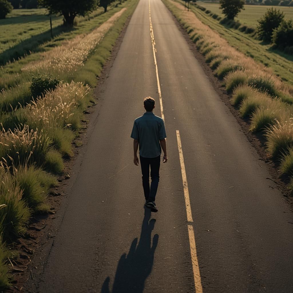 Hyperrealistic Man Walks Down Dark Evening Road