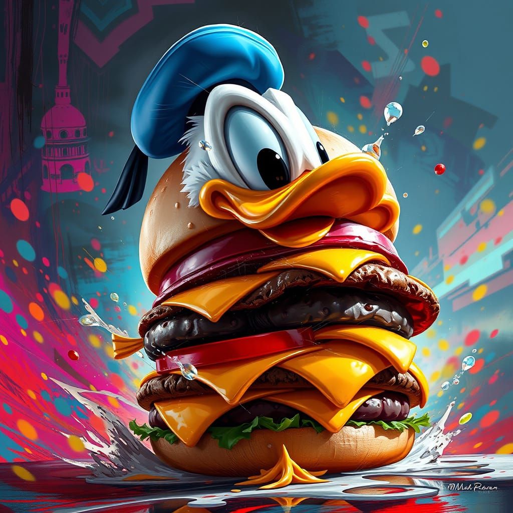 Donald Duck and Burger Fusion in Hyperrealism