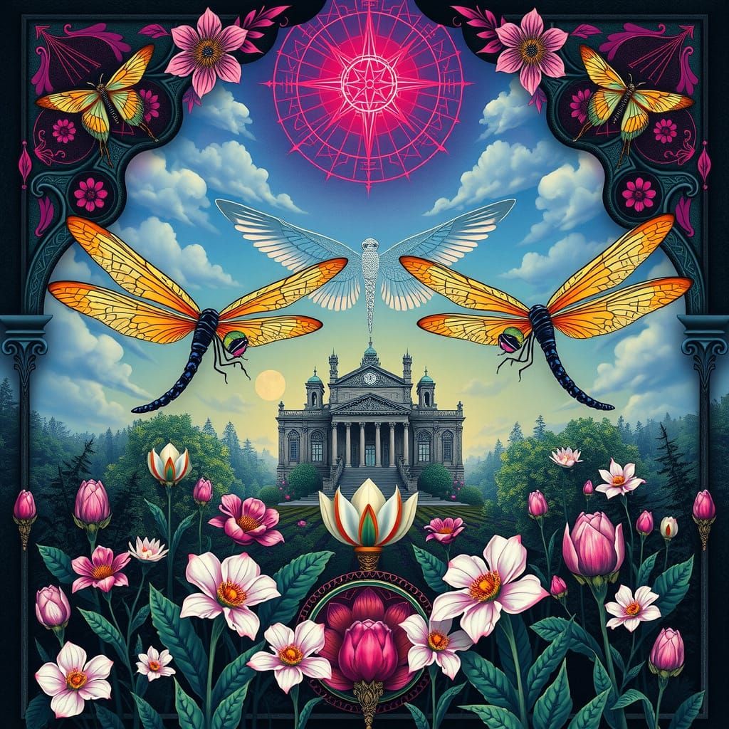 Gothic Dragonflies Dance Amidst Blooming Florals in Sacred G...