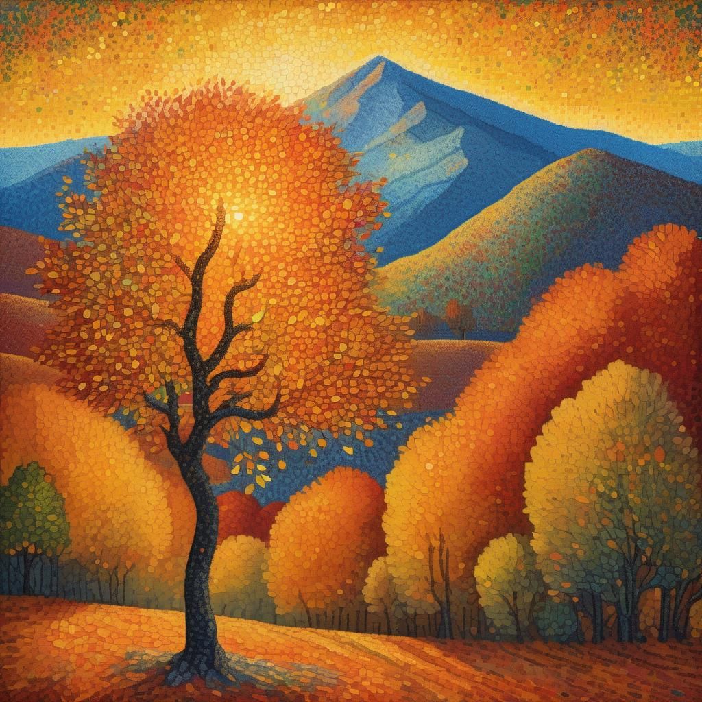 Autumn Tree in Mountains: A Pointillist Landscape