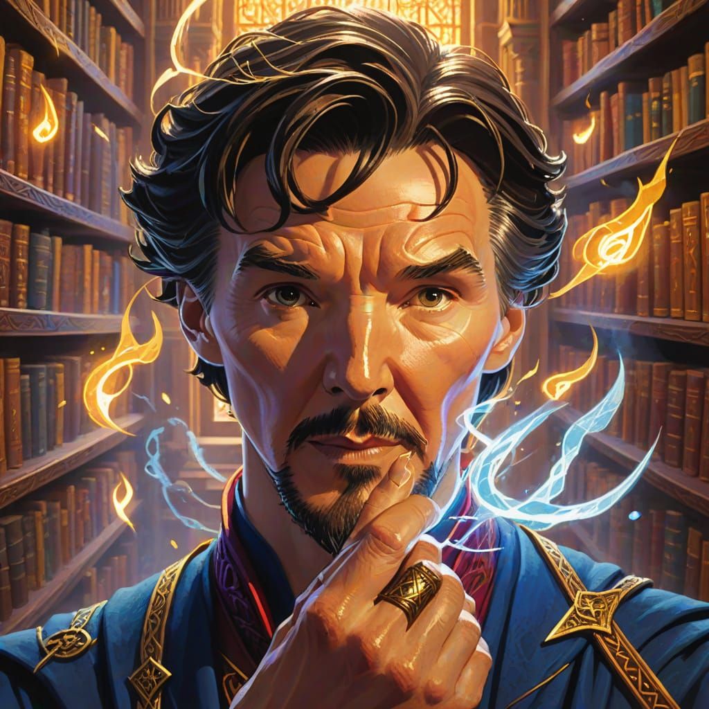 Dr. Strange Casting Spell in Mystical Library