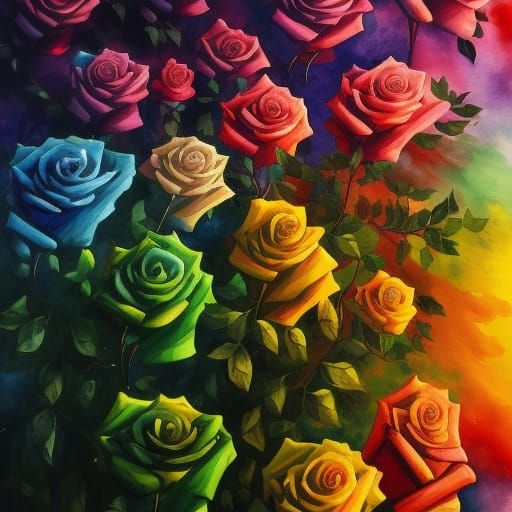 Rainbow Roses Sunset in Gouache Impressionist Style