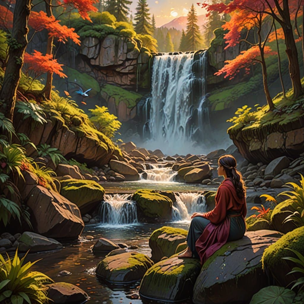 Sunset Waterfall Scene with Woman, Digital Painting