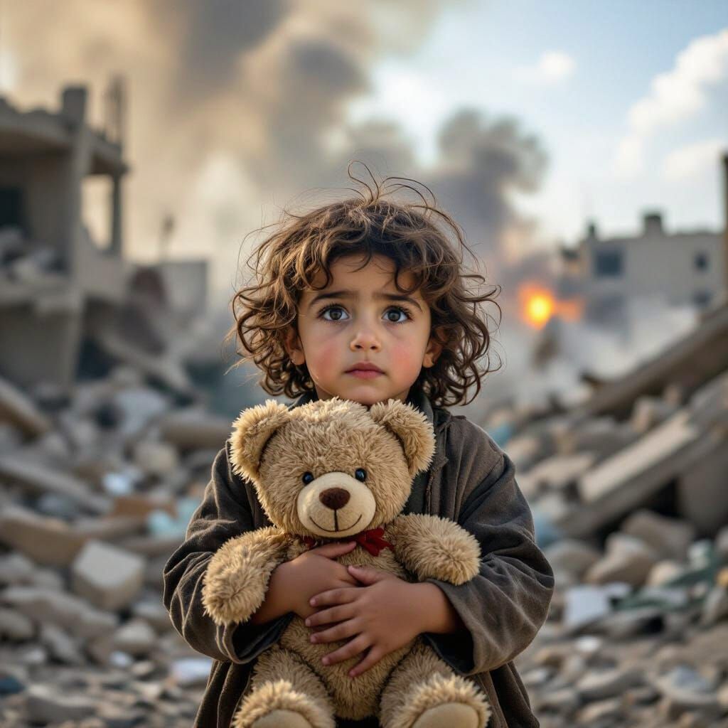 Gaza Child Amidst Bombardment in Photojournalistic Style