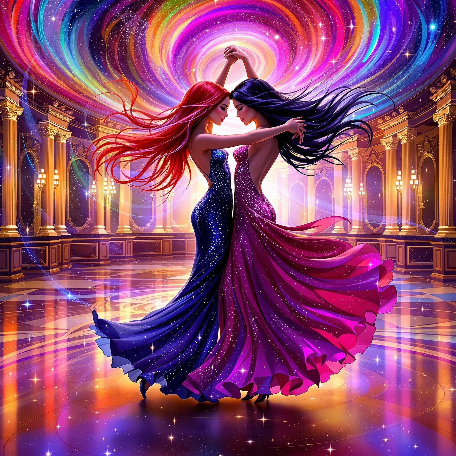Cosmic Salsa Dancers in Astral Ballroom Illustration