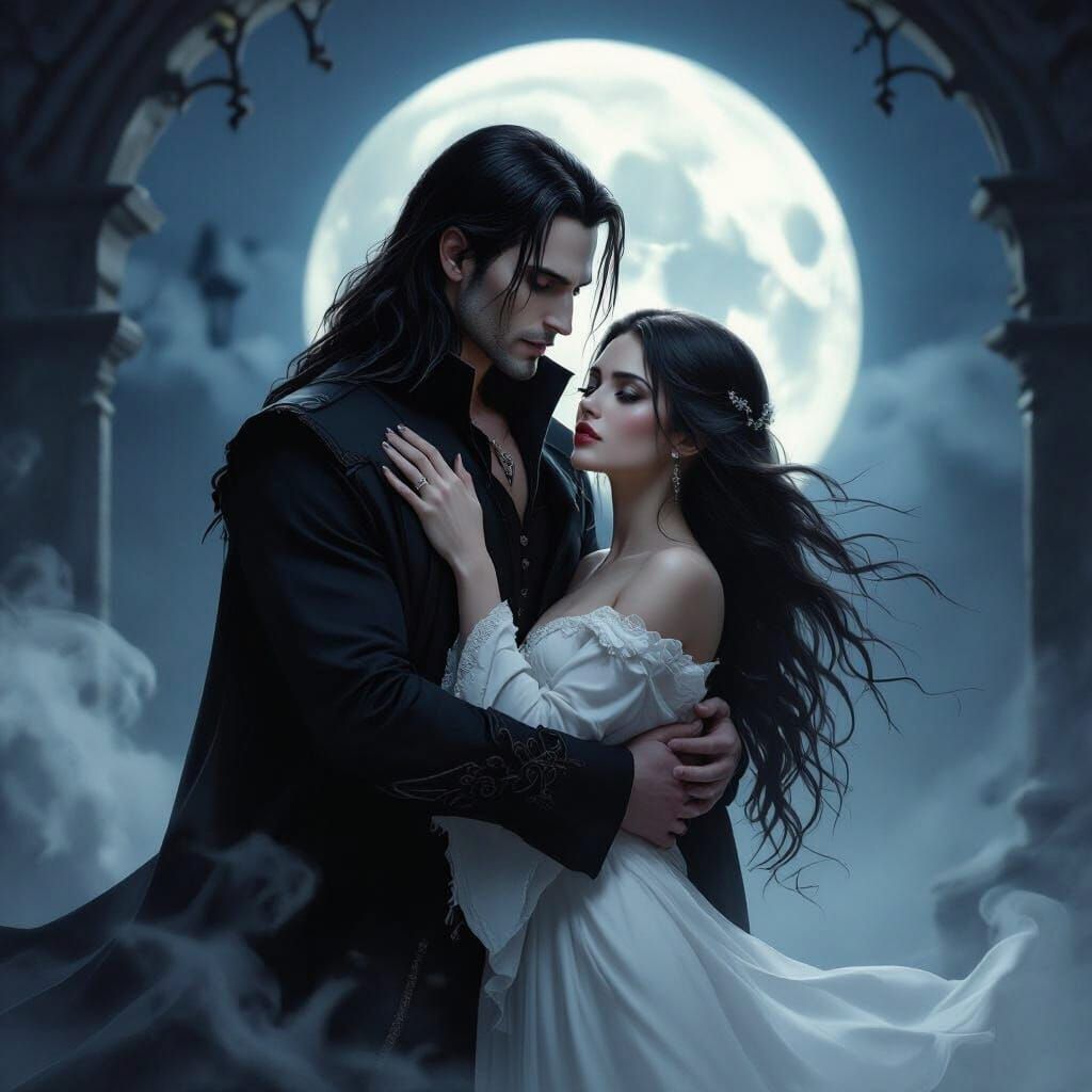 Vampire Holds Woman Under Full Moon in Misty Courtyard