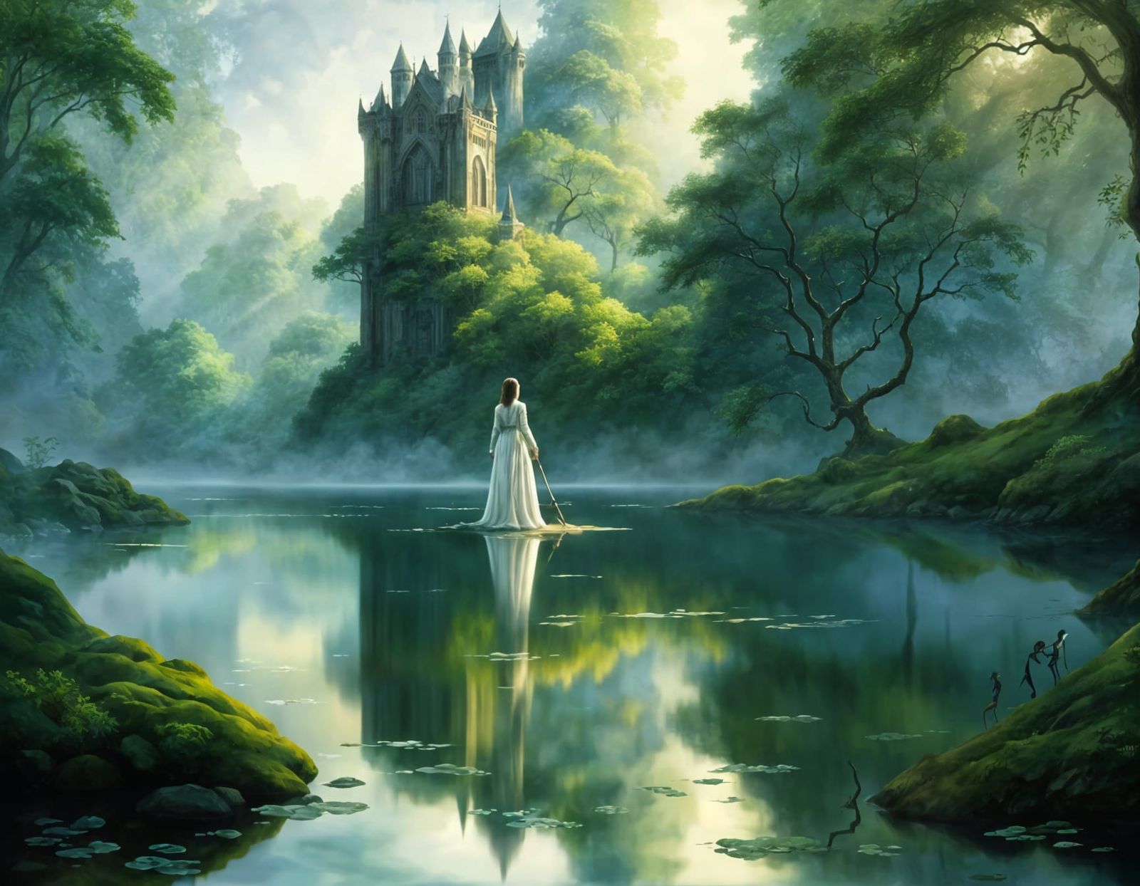 Fantasy Lady in Lake Holding Sword in Soft Sunlight