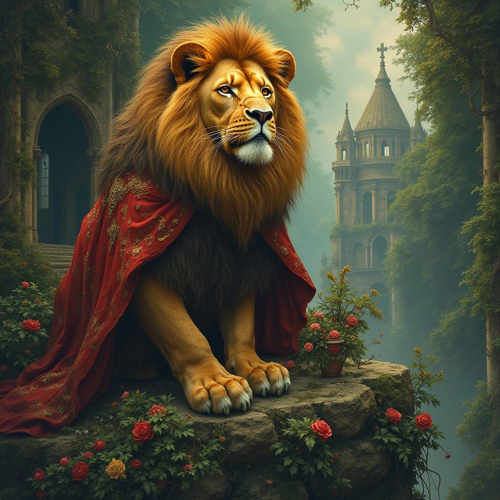 Lion with Stardust Mane in Vintage Illustration Style